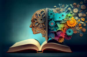 A mechanical head over an open book indicating learning and knowledge.